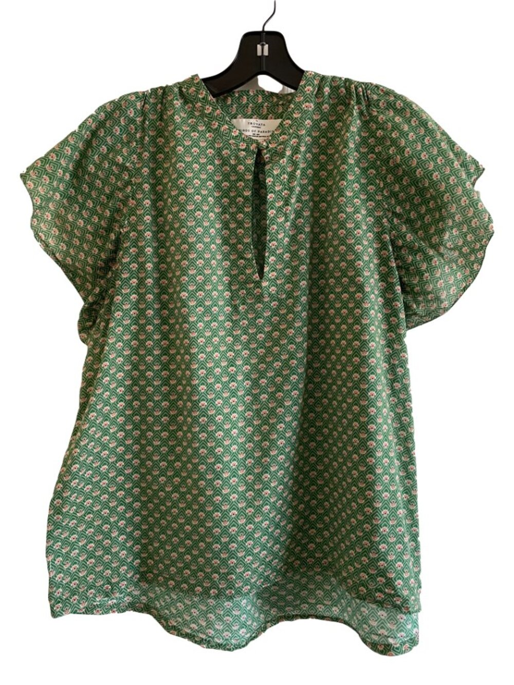 Birds of Paradis by Trovata Brett Bohemian Green Printed Flutter Sleeve Blouse